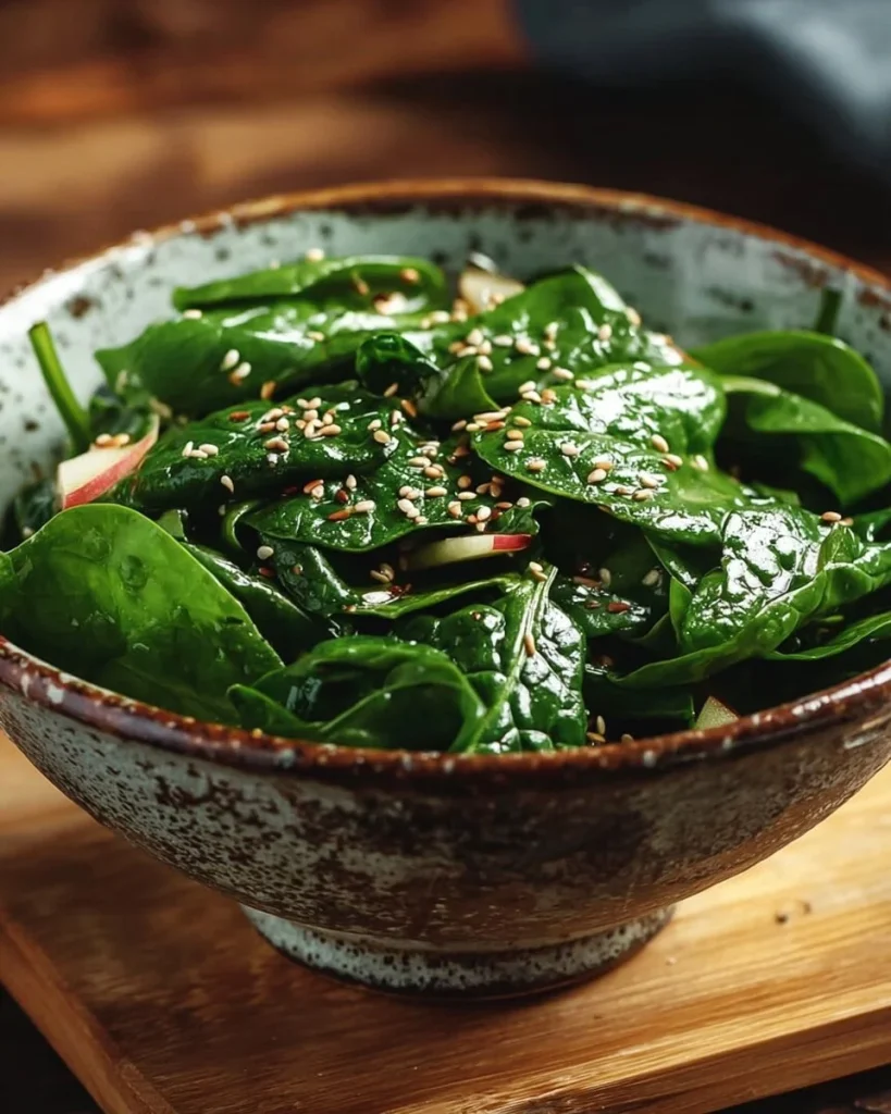Ensalada de espinacas japonesas con aderezo de sésamo en un plato fresco