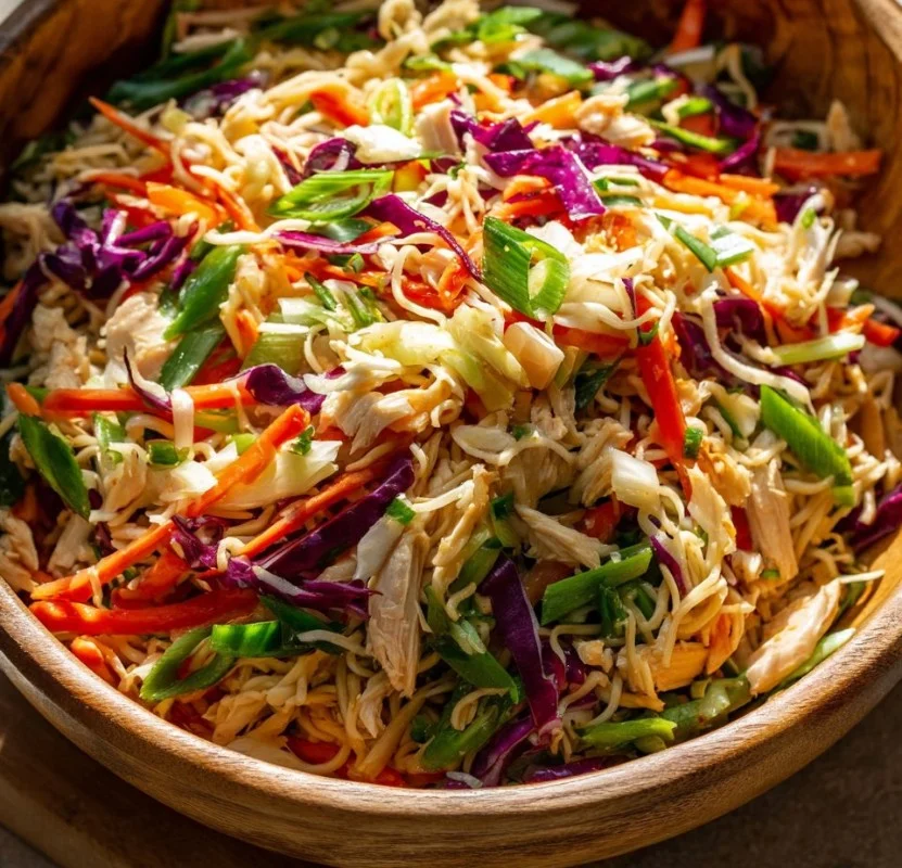 Ensalada de fideos ramen con pollo y vegetales frescos