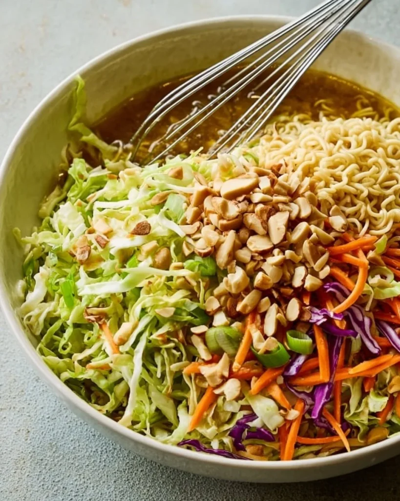 Ensalada de fideos ramen crujiente con ingredientes frescos y coloridos