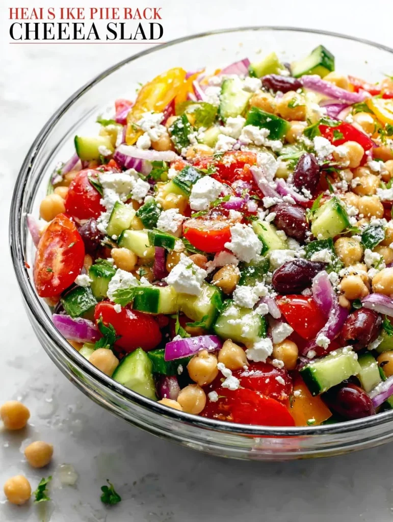 Ensalada de garbanzos griega rápida y fácil con verduras frescas y aderezo