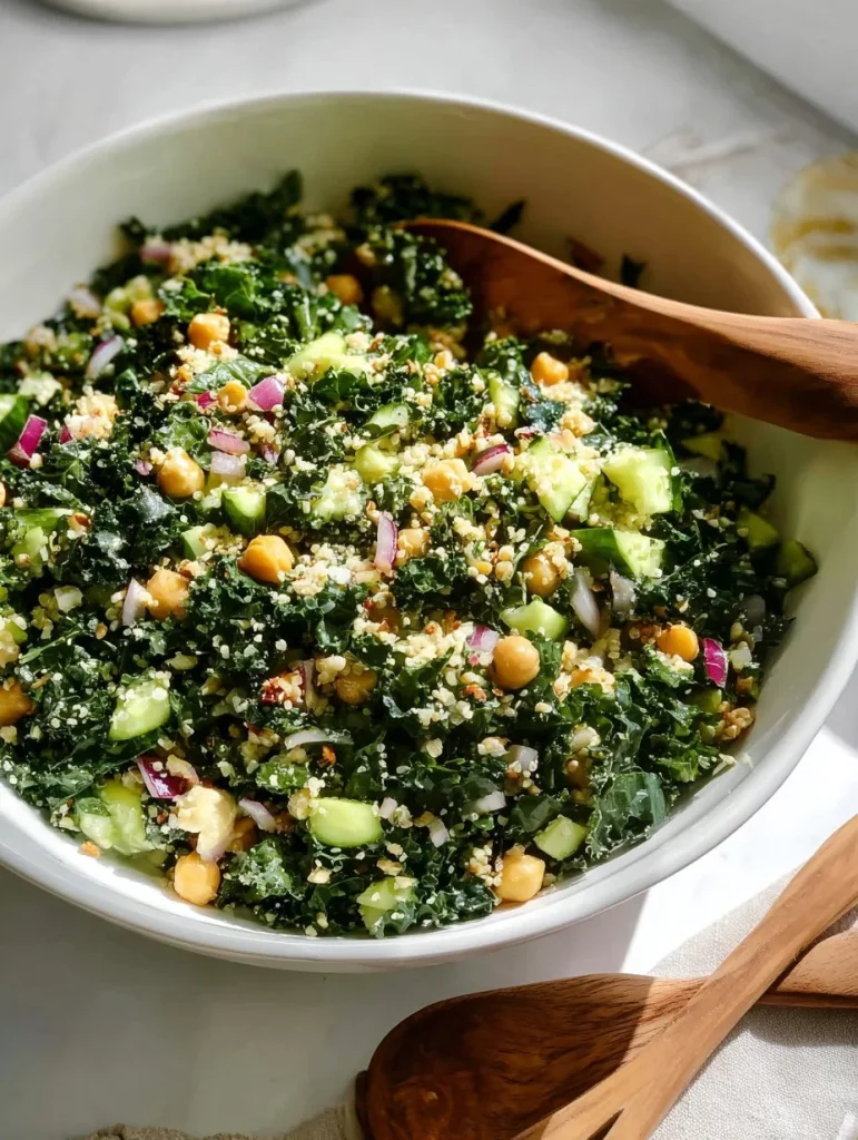 Ensalada de kale y quinoa con aderezo de limón en un tazón colorido