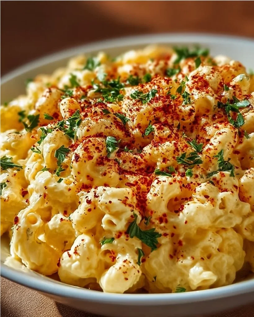 Ensalada de macarrones con huevos endiablados en un plato colorido