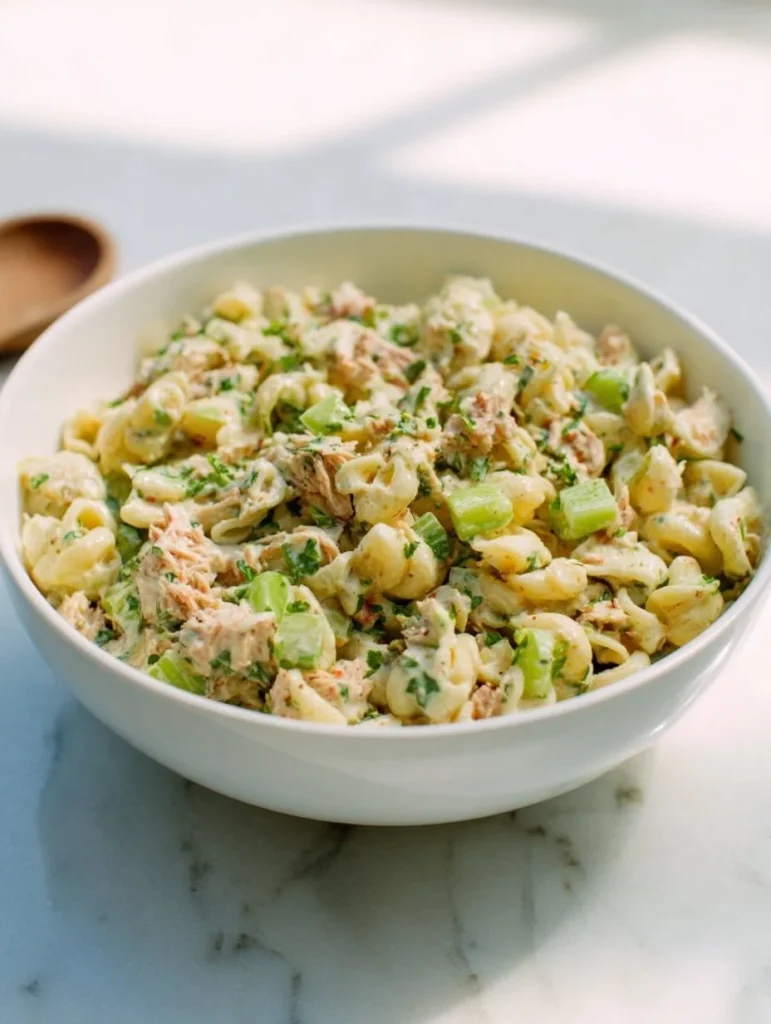 Ensalada de pasta con atún y pepinillos en vinagre servida en un plato