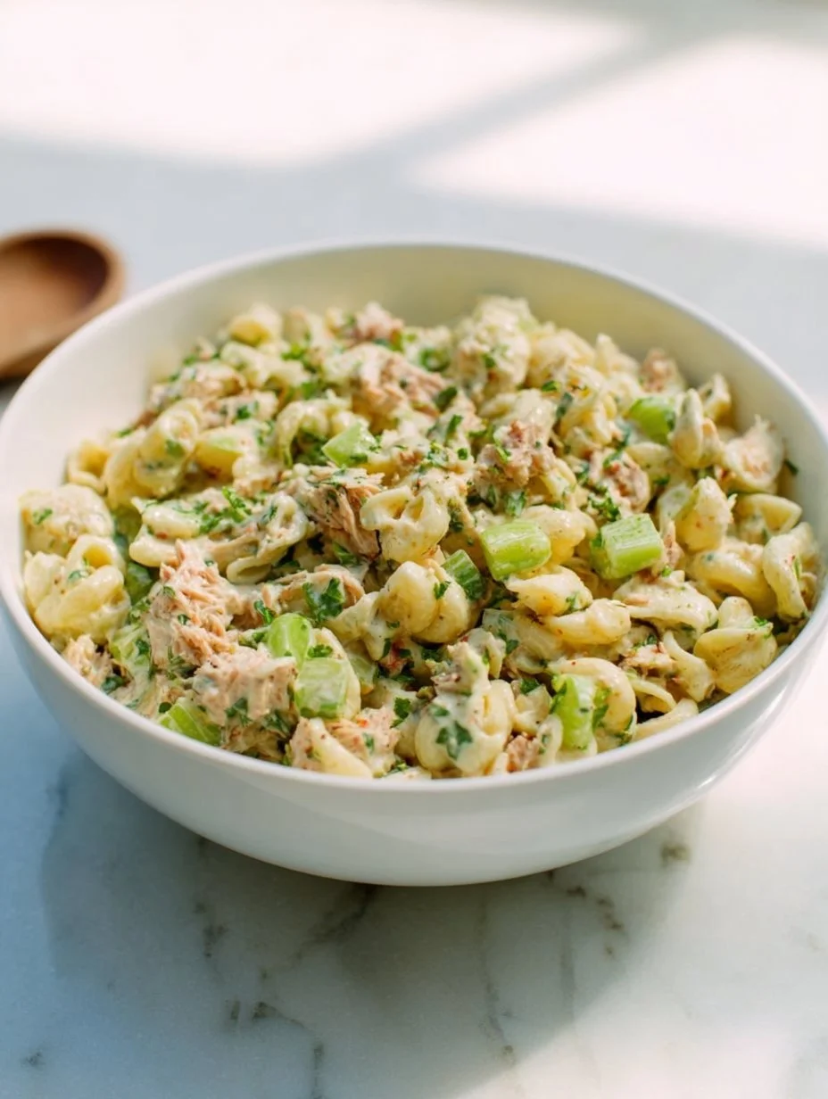 Ensalada de pasta con atún y pepinillos en vinagre servida en un plato