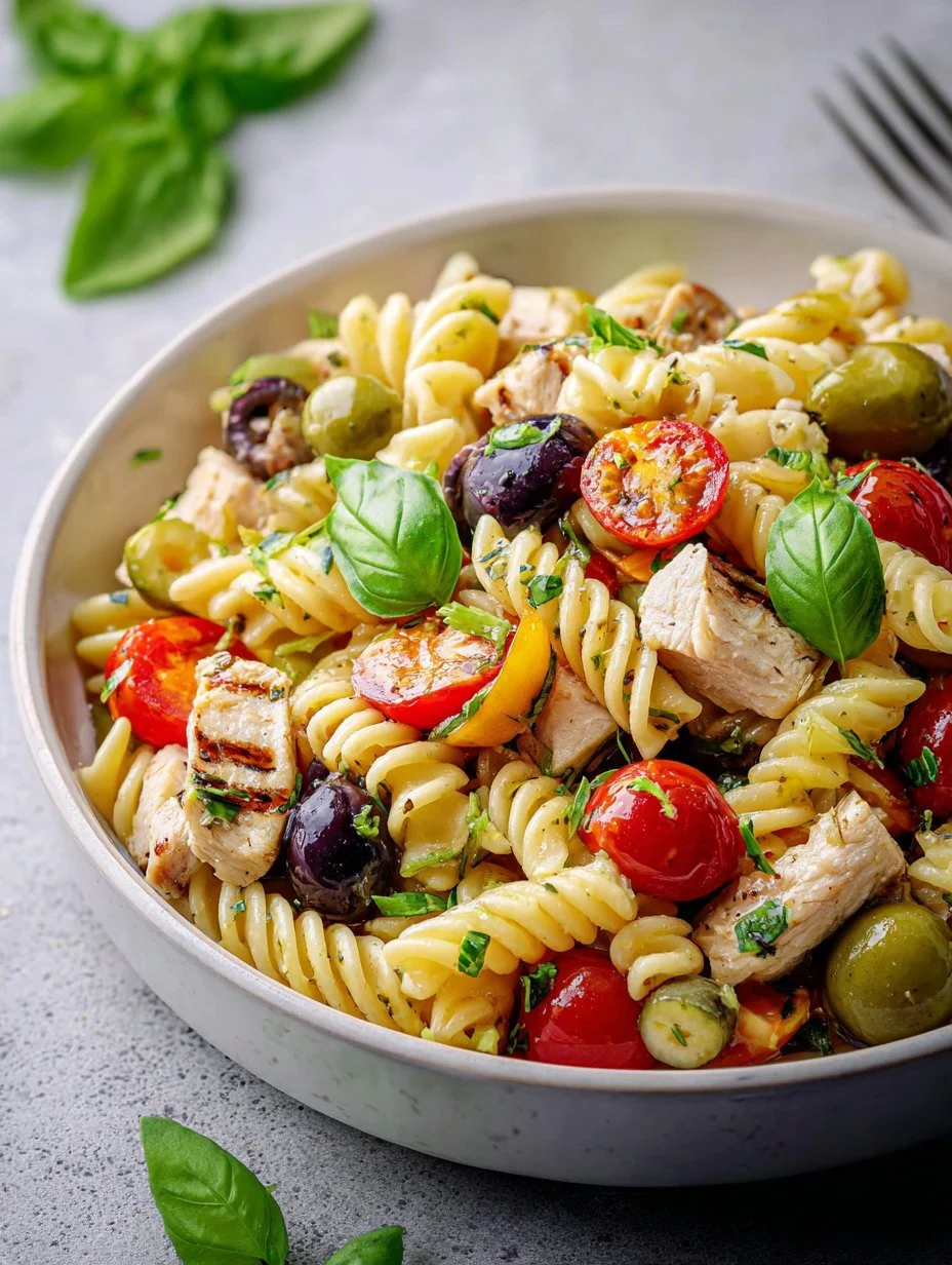 Ensalada de pasta con pollo mediterráneo y verduras frescas
