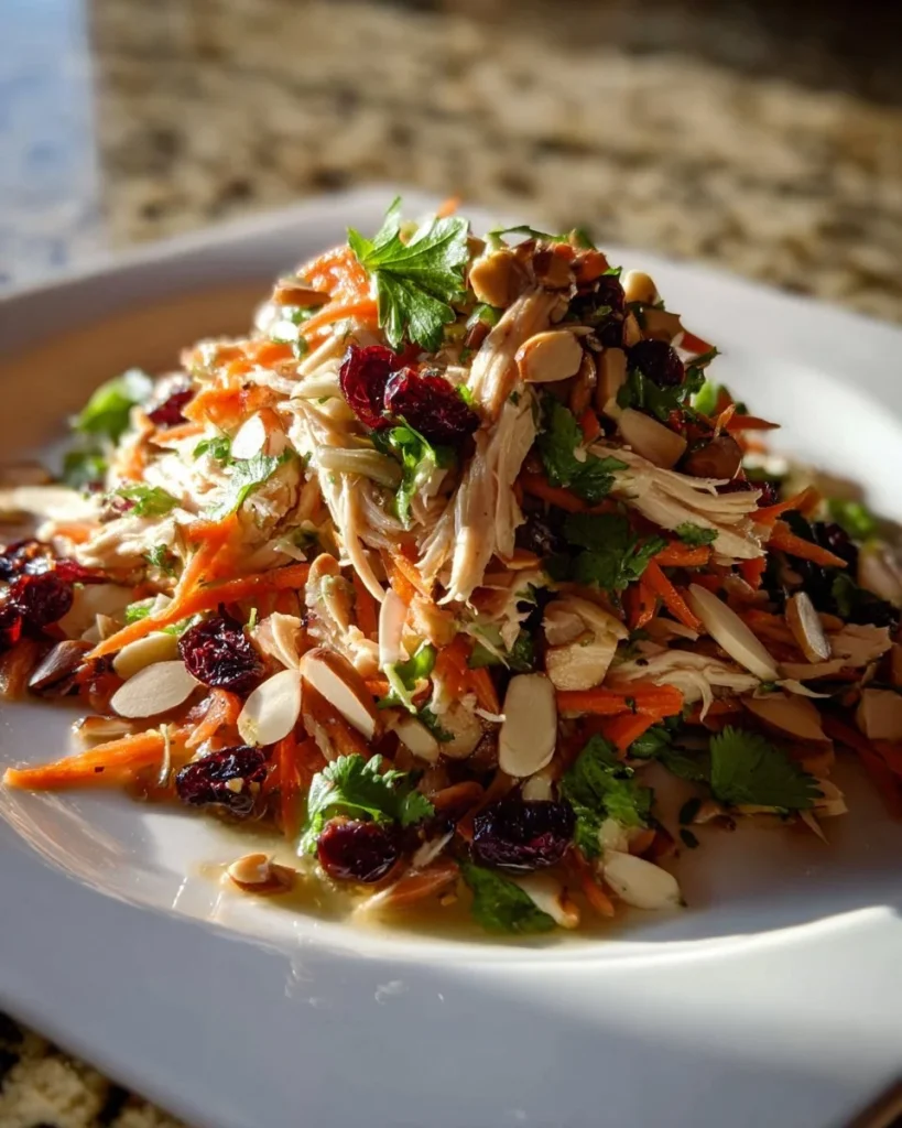 Ensalada de pollo asiático con arándanos fresca y colorida en un plato