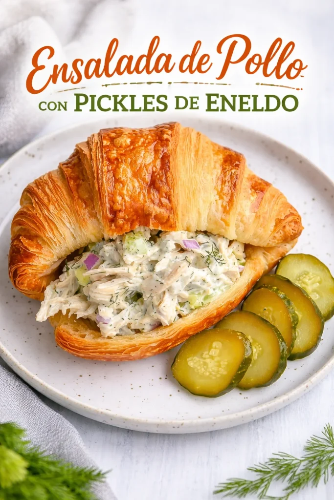 Ensalada de pollo con pickles de eneldo en un plato colorido