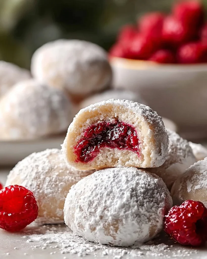 Galletas de Nieve de Frambuesa y Almendra recién horneadas