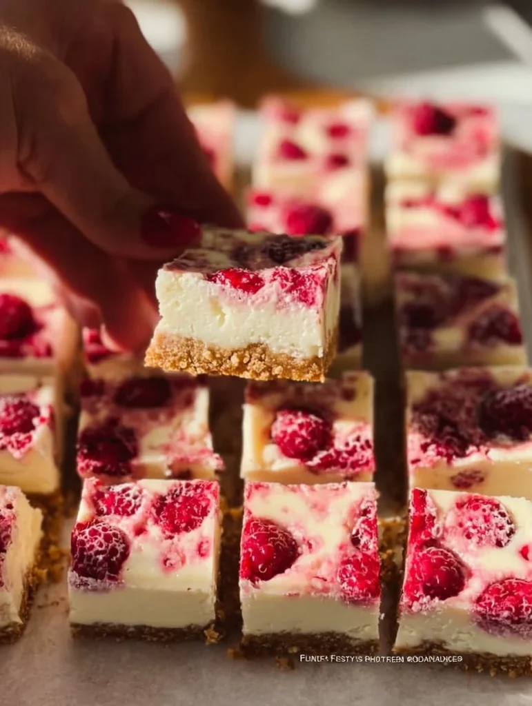 Barritas de cheesecake de frambuesa saludables y altas en proteínas