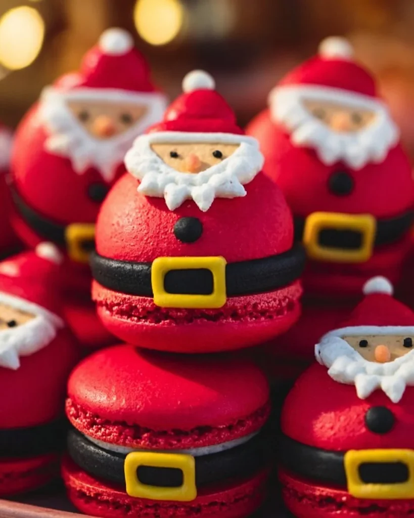 Macarons de Santa Claus decorados con colores navideños y festivos.