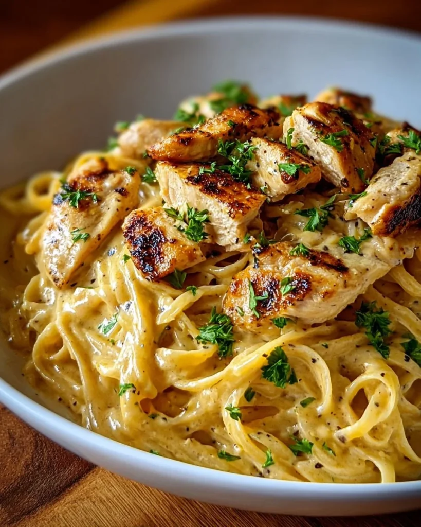 Mantequilla de pollo al estilo cowboy servido con linguini en un plato atractivo