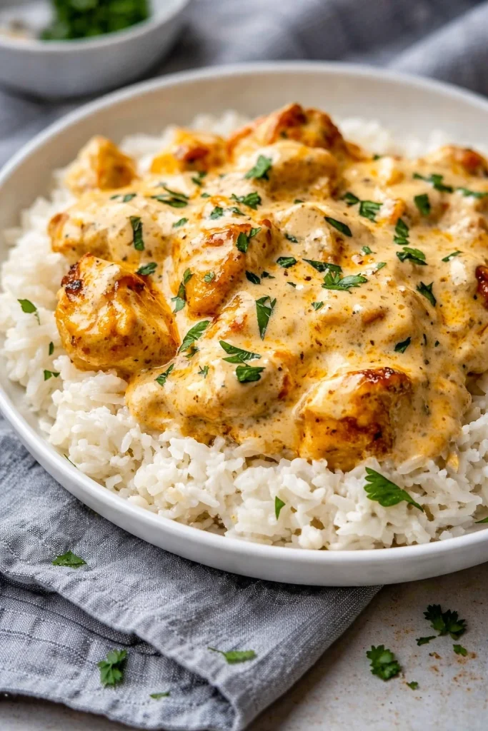 Imagen de una deliciosa receta de pollo y arroz cubiertos