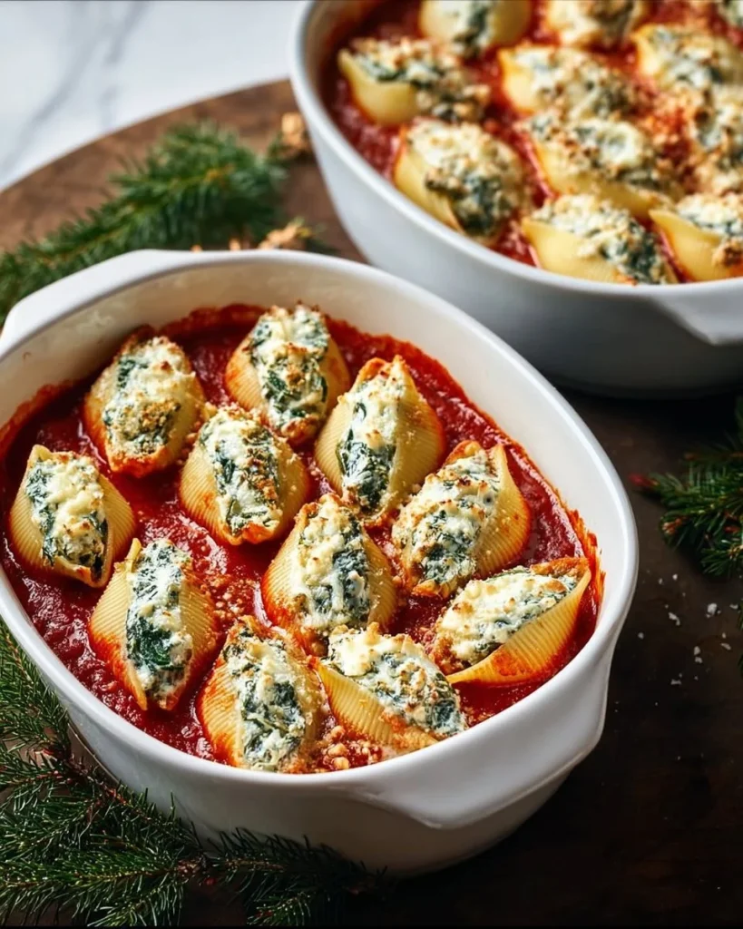 Deliciosas conchas rellenas de Navidad en un plato festivo