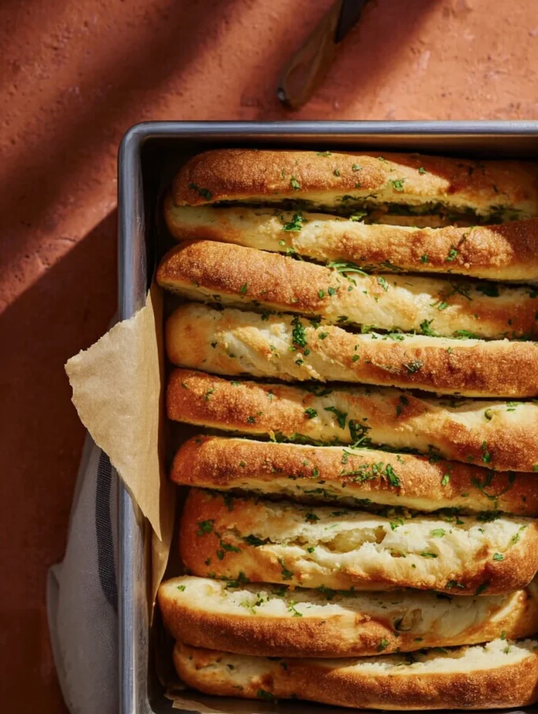 Pan de ajo desmenuzado hecho con residuos de masa madre en un plato