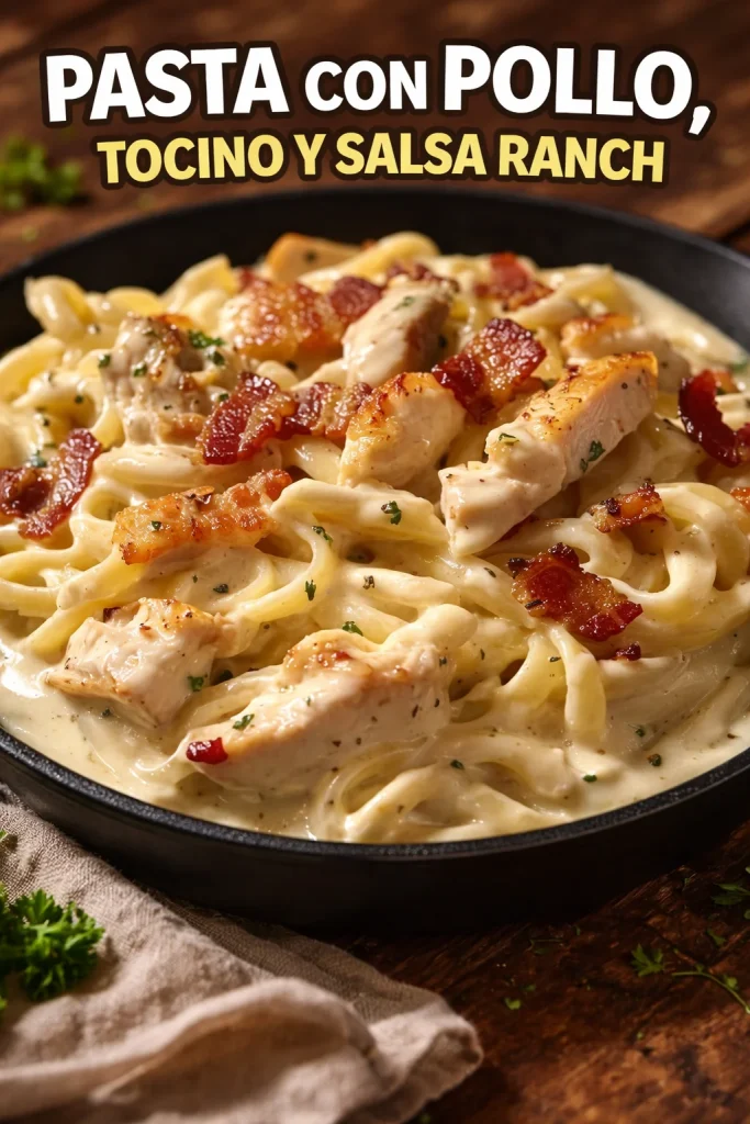 Plato de Pasta con Pollo, Tocino y Salsa Ranch en una mesa decorada