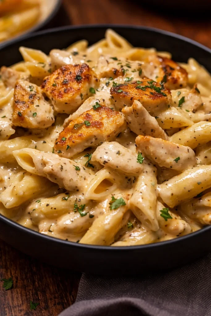 Plato de Pasta de Pollo Cajún servido con verduras y especias