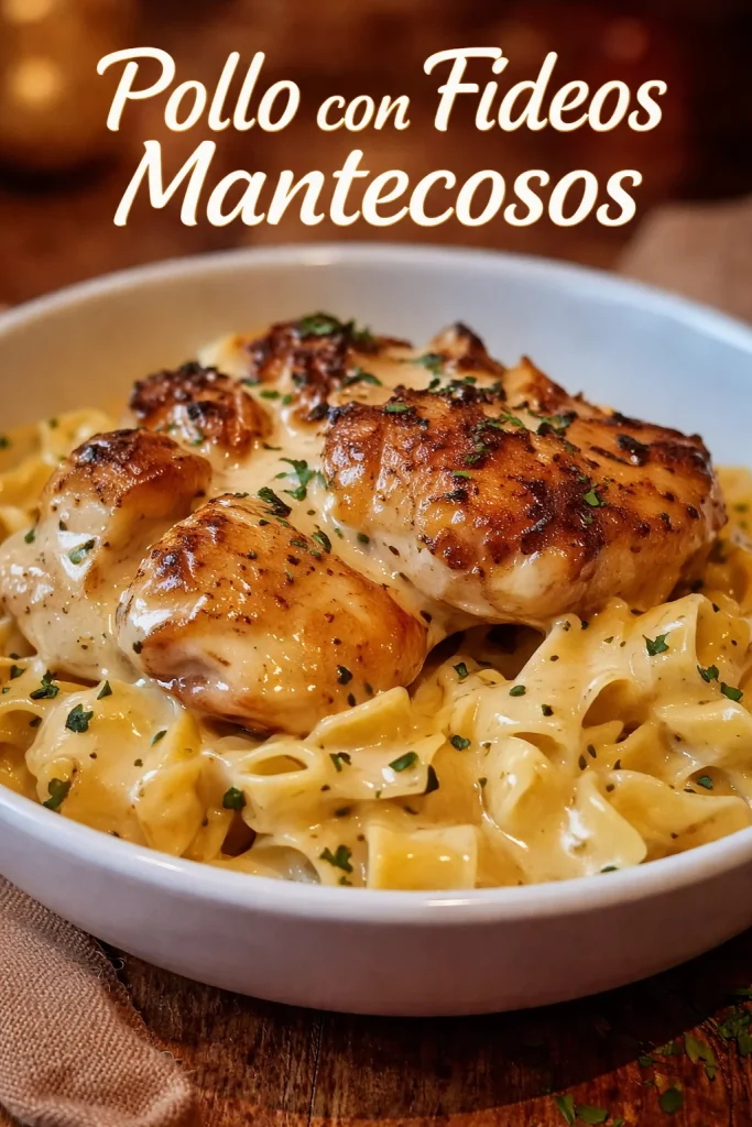 Plato de Pollo con Fideos Mantecosos servido en una mesa