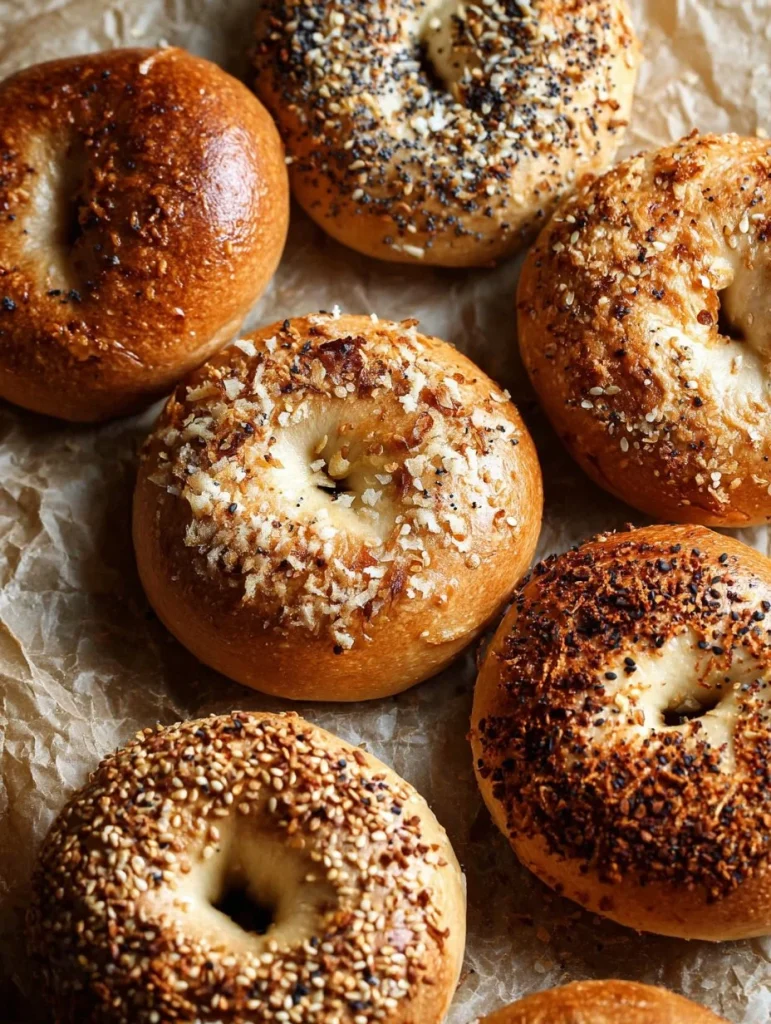Bagels de masa madre recién horneados sobre una tabla de madera