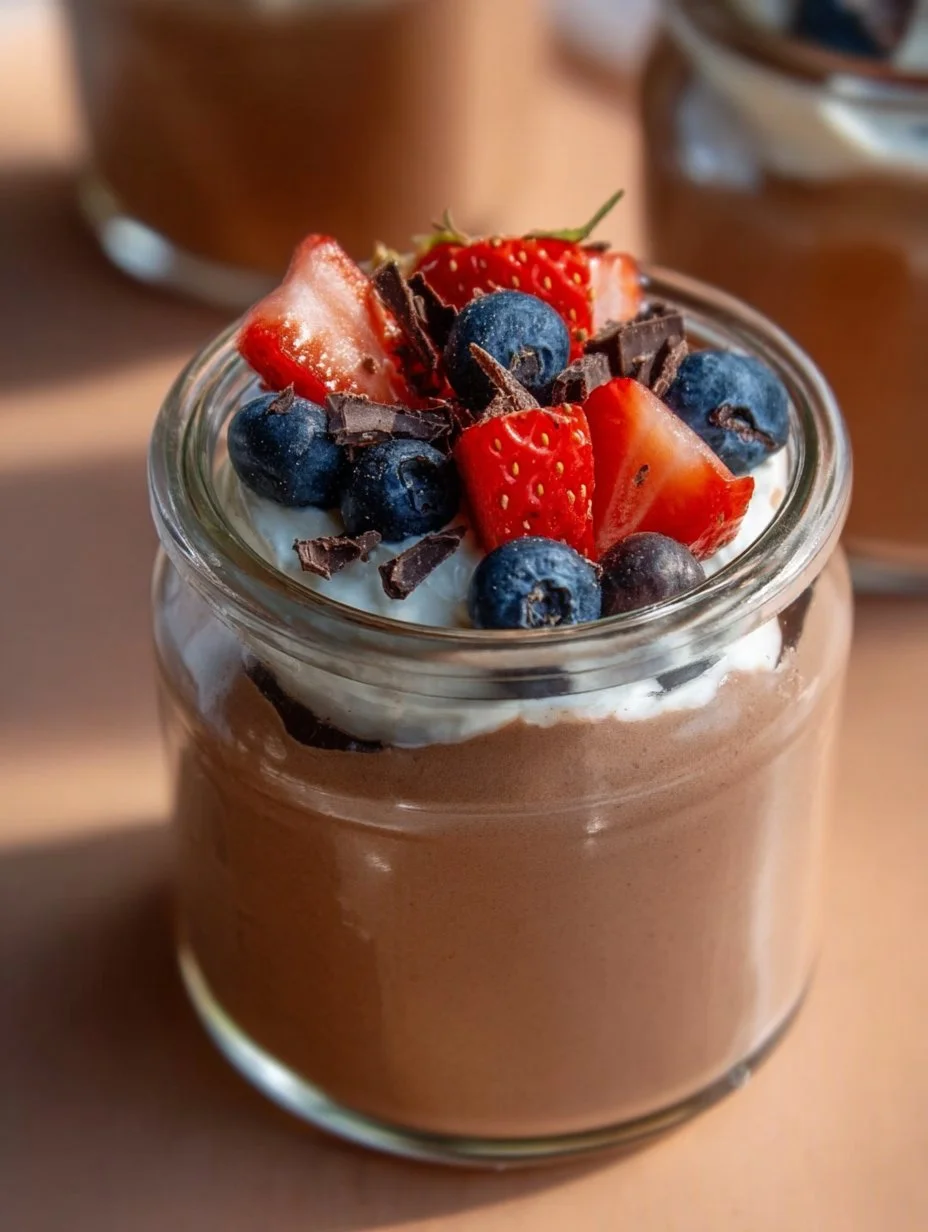 Pudín de proteína de chocolate servido en un tazón con decoración saludable