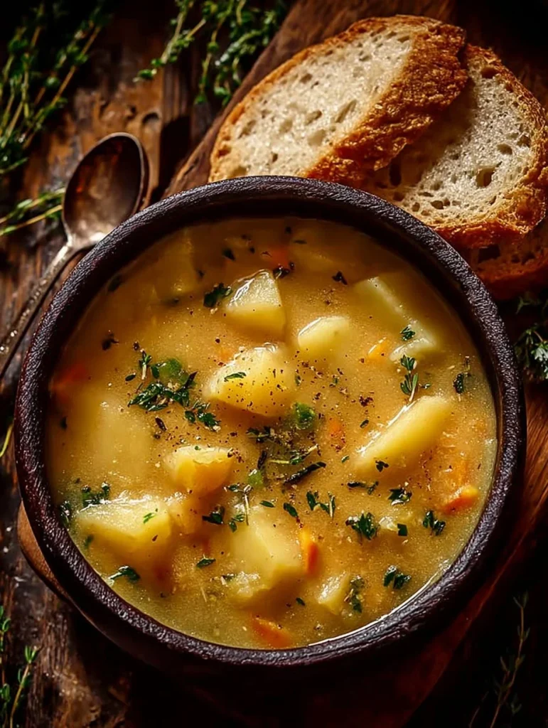 Sopa de papa con queso cheddar, ajo y hierbas en un tazón humeante.