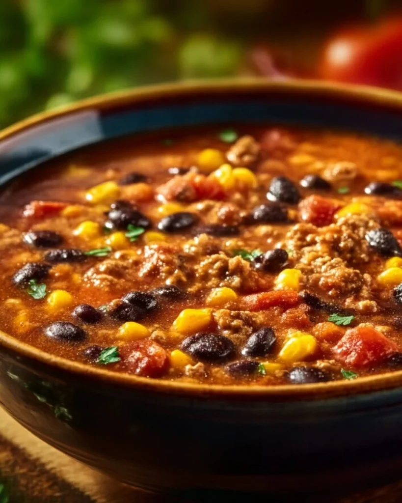 Sopa de taco caliente en un tazón, decorada con ingredientes frescos.