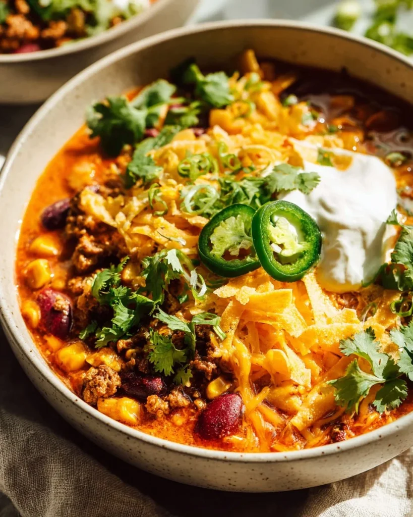 Plato de Sopa de Tacos Cremosa decorado con aguacate y cilantro