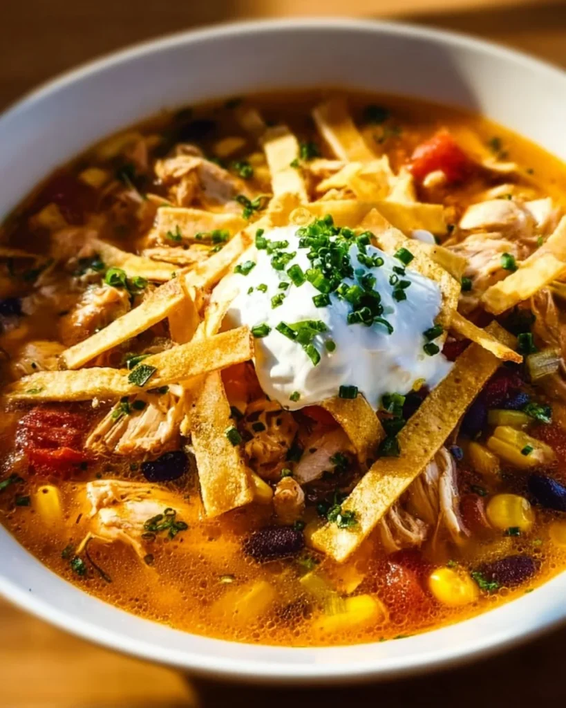 Receta de sopa de tortilla de pollo cremosa con ingredientes frescos.