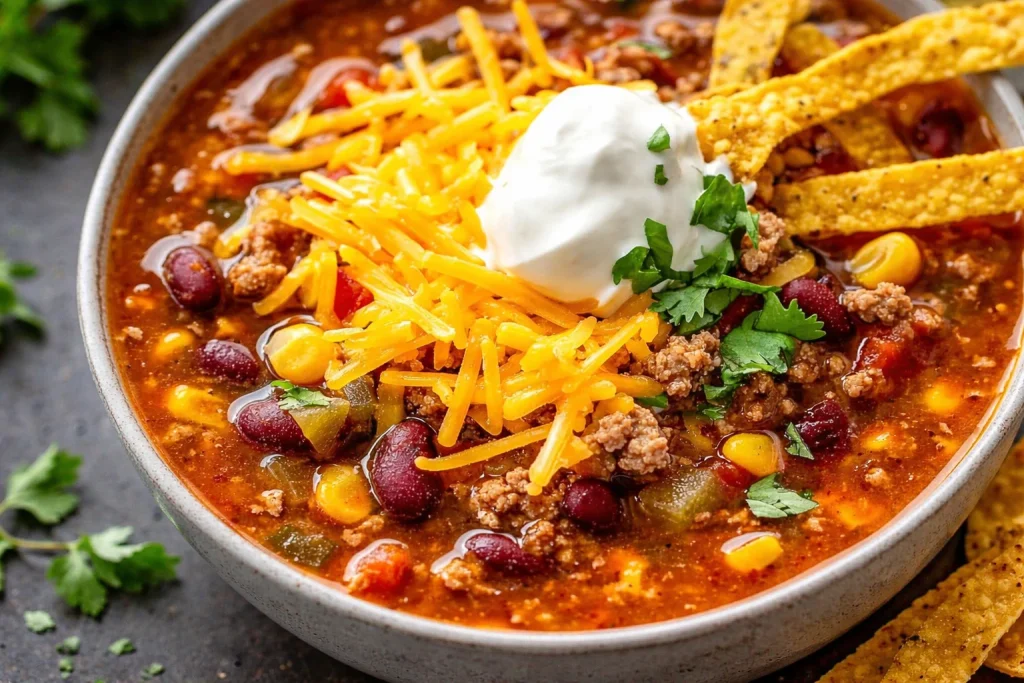 Sopa de taco abundante con ingredientes frescos y sabrosos