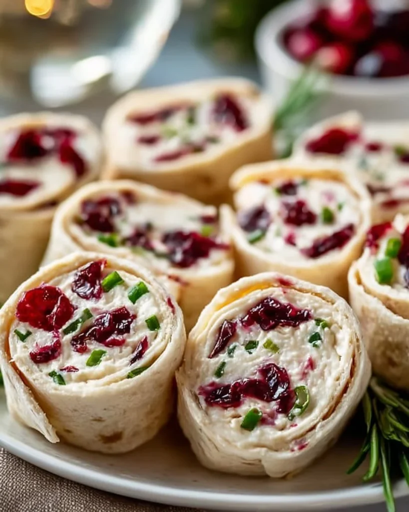 Roll Ups de Arándano Navideños en una bandeja festiva