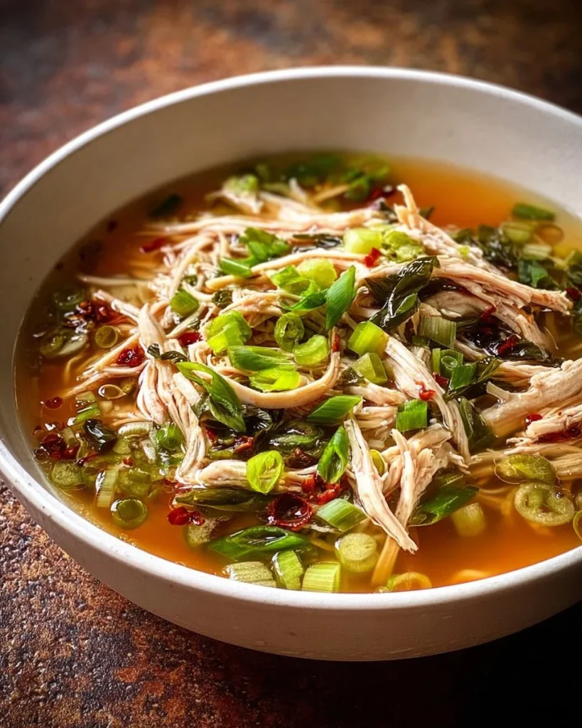 Sopa de pollo clásica con jengibre y ajo en un tazón