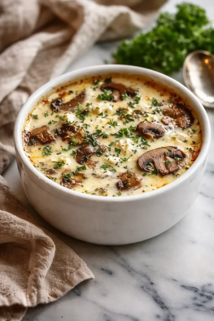 Tazón de Sopa de Champiñones con Requesón en la mesa