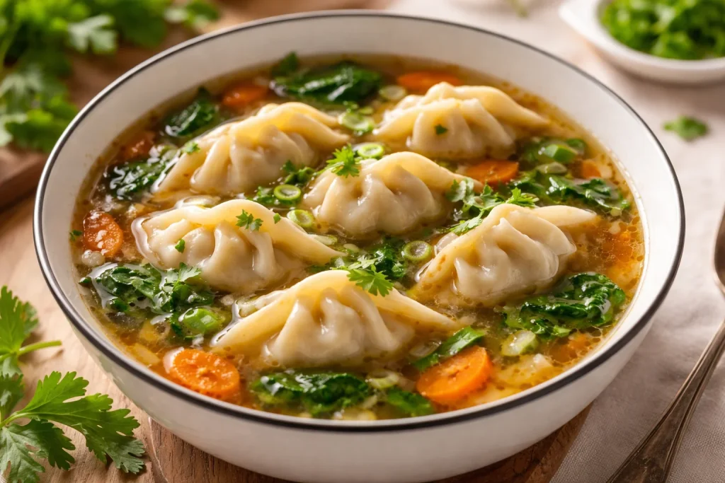 Sopa de empanadillas servida en un tazón con ingredientes frescos.