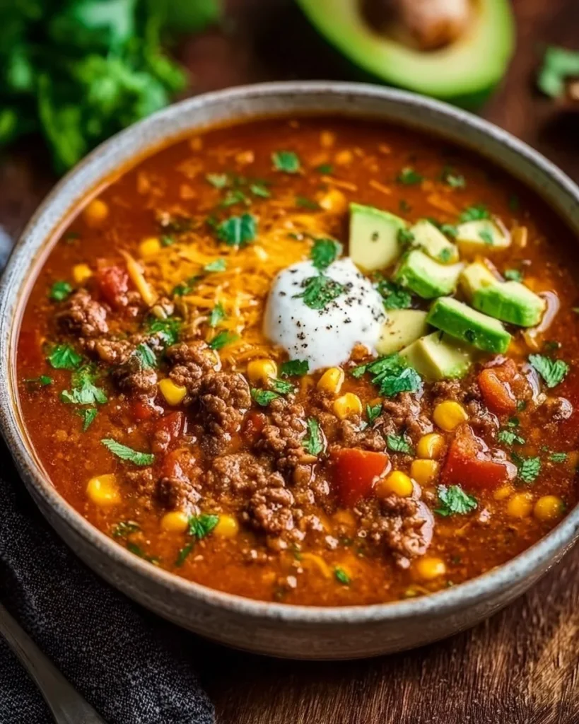 Sopa de enchilada de carne molida con ingredientes frescos y sabrosos