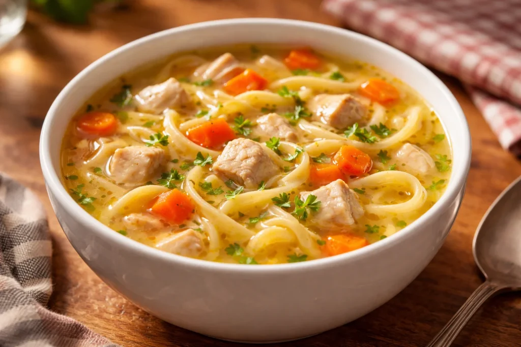 Sopa de fideos con pollo en un tazón humeante