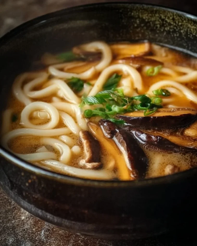 Sopa de Fideos Udon con Miso y Champiñones Teriyaki en un tazón colorido