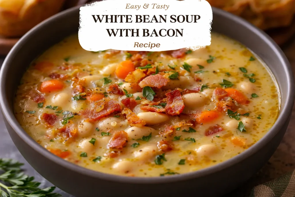 Sopa de frijoles blanca con tocino en un cuenco