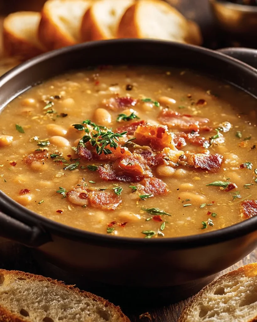 Sopa de frijoles con tocino servida en un tazón con cilantro fresco.