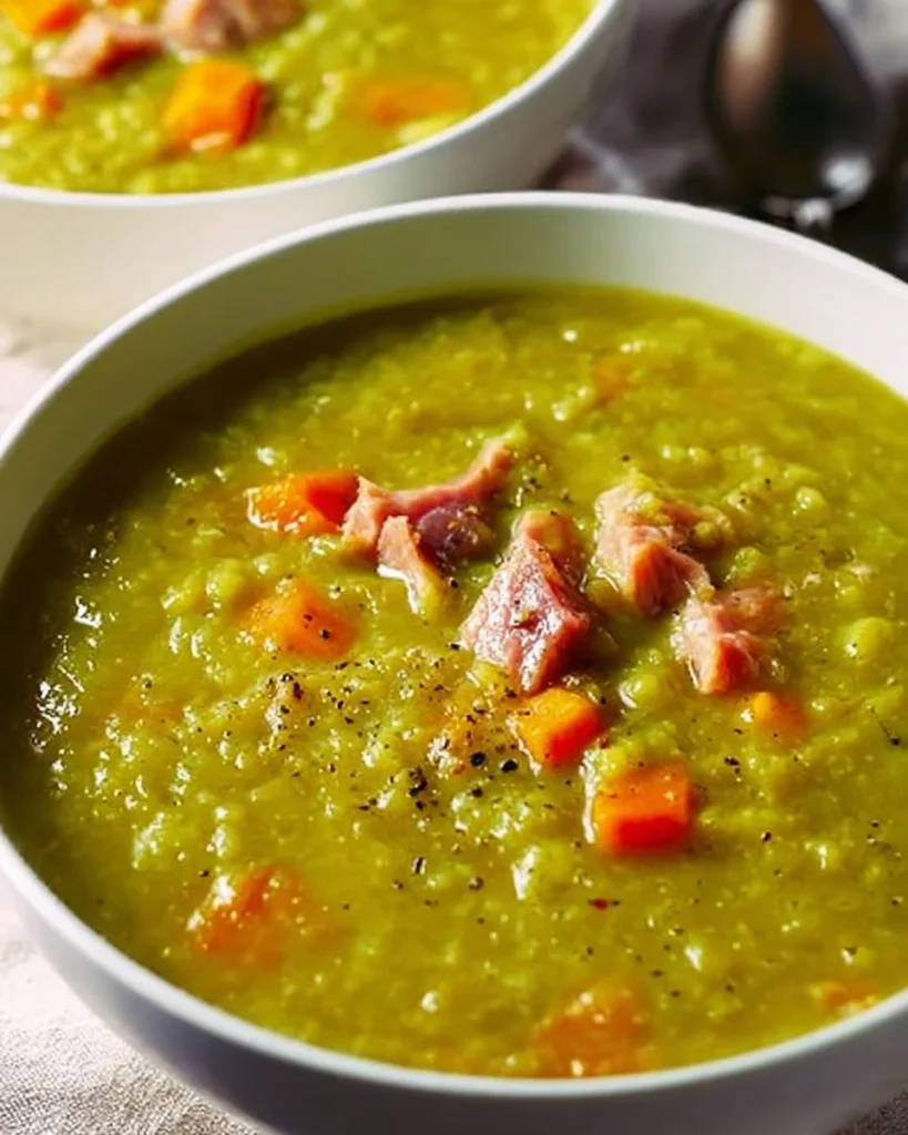 Sopa de guisantes partidos con hueso de jamón en un plato hondo
