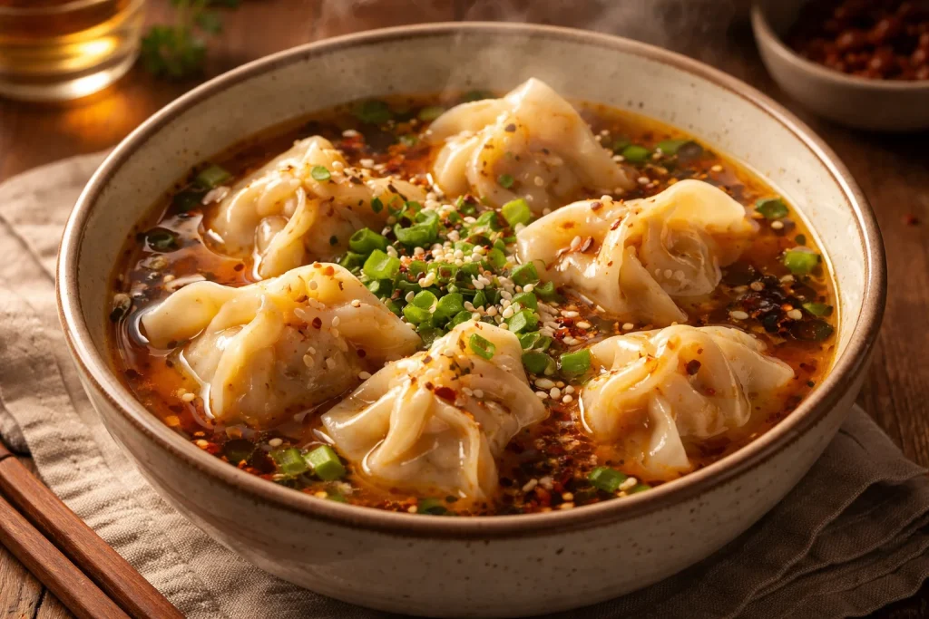 Sopa de gyoza servida en un tazón caliente con verduras frescas.