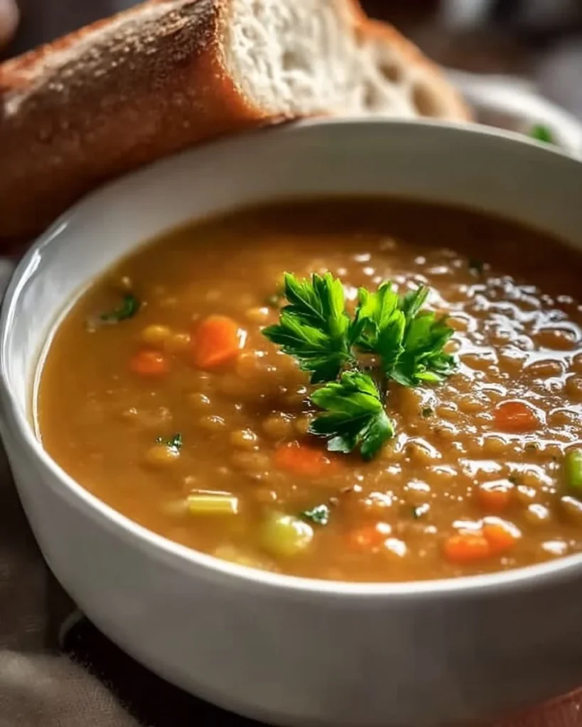 Tazón de Sopa de Lentejas fresca y humeante con hierbas en la mesa