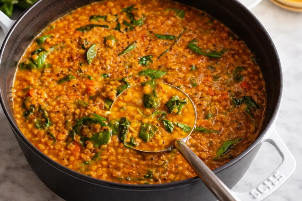 Tazón de sopa de lentejas cremosa con ingredientes frescos