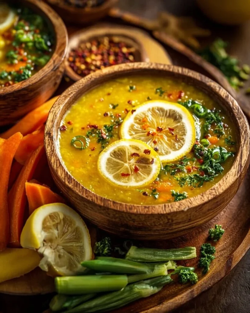 Sopa de Lentejas Doradas con Limón en un tazón, decorada con limón y hierbas frescas.