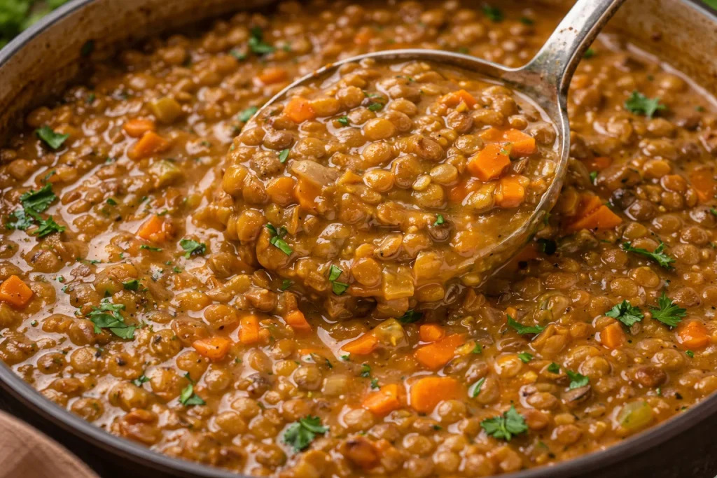 Sopa de Lentejas preparada en olla de cocción lenta, lista para servir.