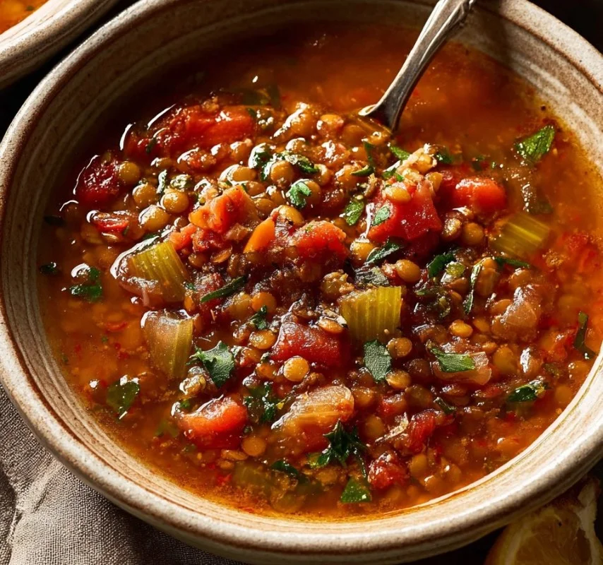 Tazón de sopa de lentejas mediterránea fácil con ingredientes frescos