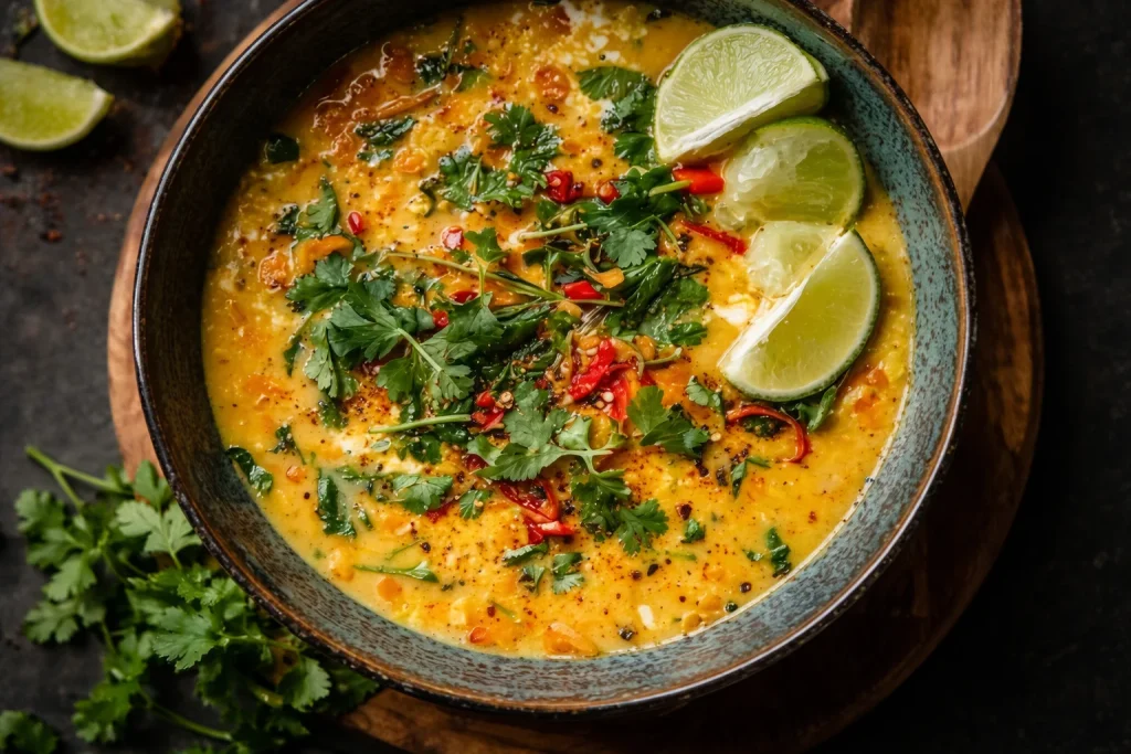 Sopa de lentejas rojas al coco tailandesa en un plato colorido