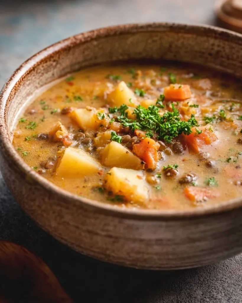 Sopa de lentejas vegetariana servida en un tazón con ingredientes frescos
