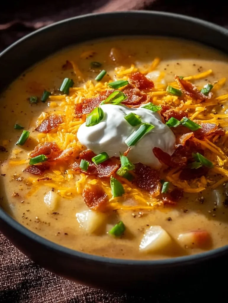 Sopa de papa al horno cargada y reconfortante en un plato