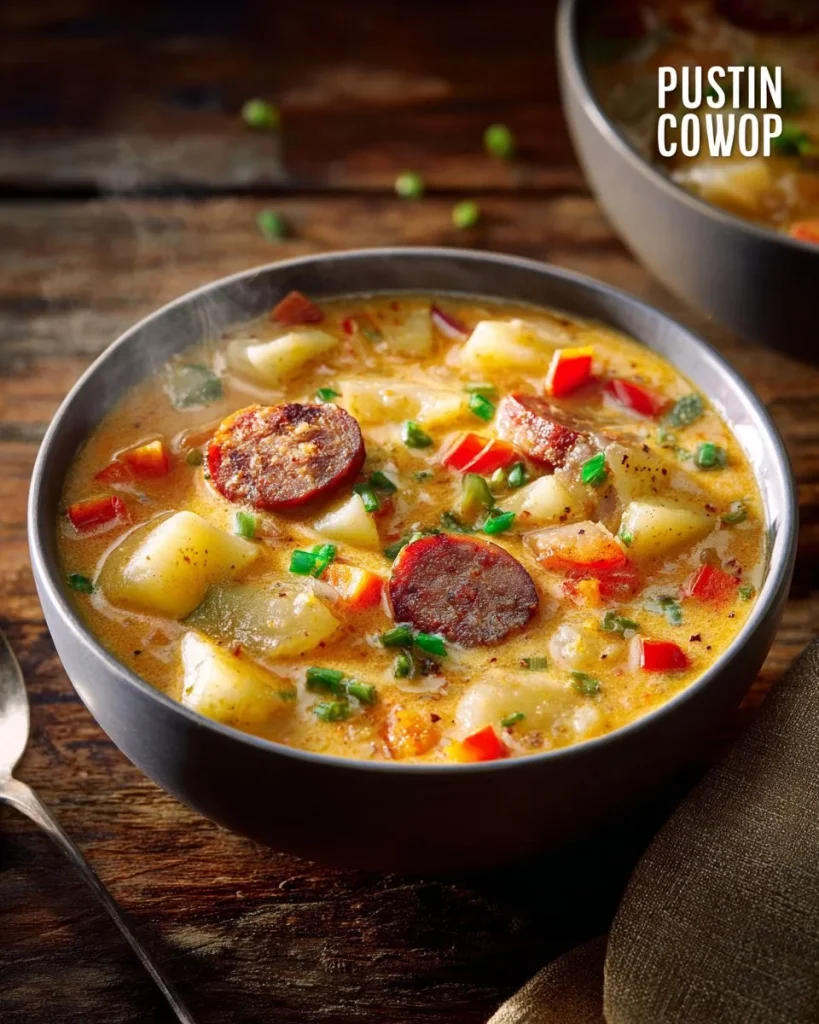 Tazón de Sopa de Papa Cajún con ingredientes frescos y especias