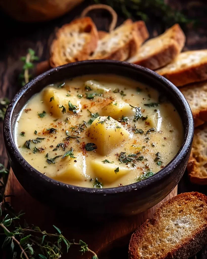 Plato de Sopa de Papa con Queso Cheddar, Ajo y Hierbas servido en un tazón.