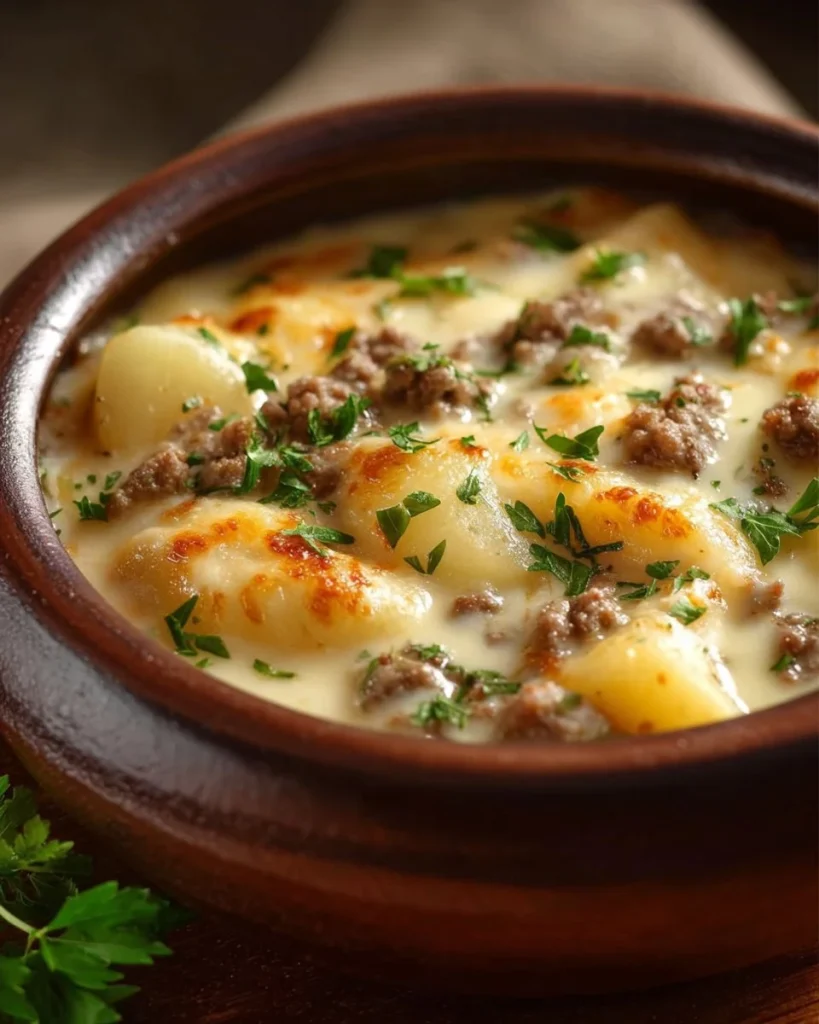 Sopa de Papas con Hamburguesa y Queso en un bol